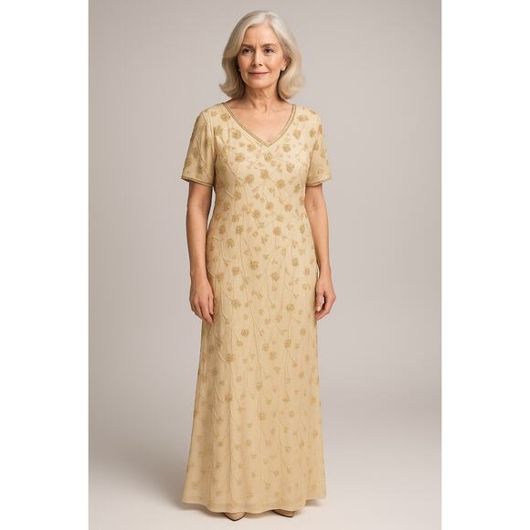 Adrianna Papell 100% Silk Beaded Gown Champagne Gold modest 14 formal cocktail - Picture 1 of 9